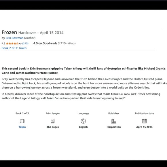 4/$30 Bundle; Novel: "Frozen" by Erin Bowman - Picture 3 of 5